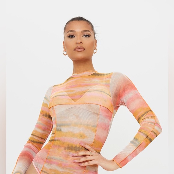 Orange Mesh High Neck Contrast Seam Bodysuit - Picture 4 of 6